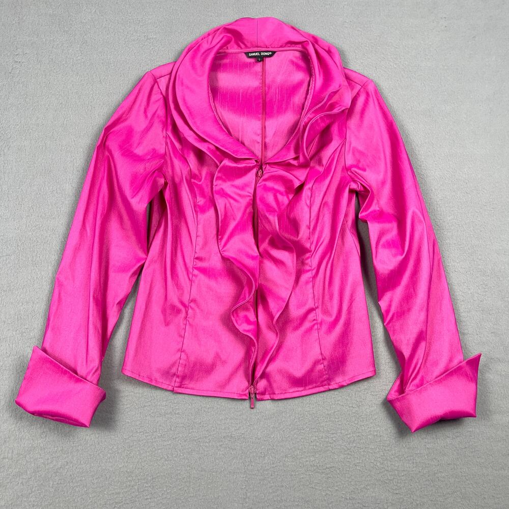 Samuel Dong Ruffle Collar Jacket Fuchsia Hot Pink Zip Front Flip Cuff Women's S